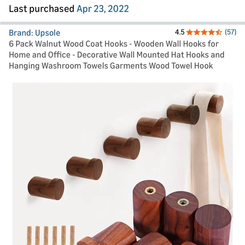 6 Walnut Wooden Wall Hooks - New in Box